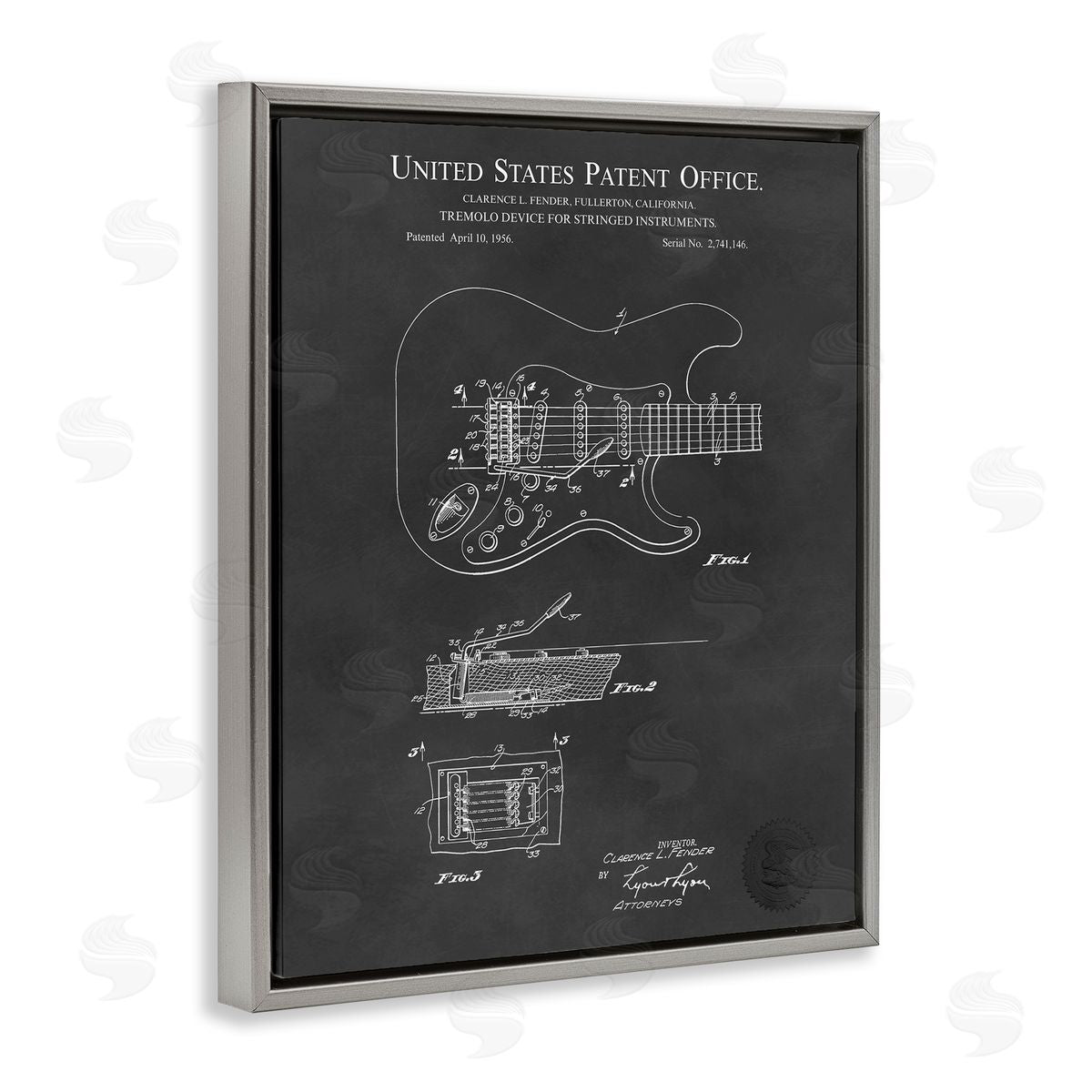 Karl Hronek Electric Guitar Instrument Musician Detailed Patent Blueprint  Gray Floating Frame Canvas Wall Art Print