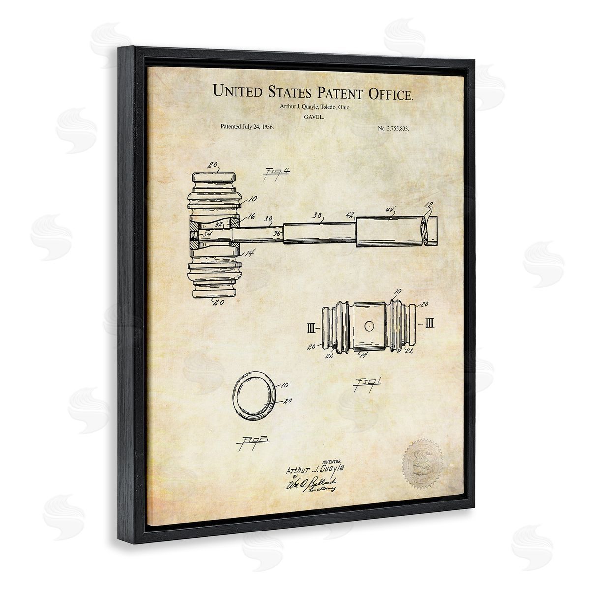 Karl Hronek Vintage Gavel Invention Diagram Patent Text Blueprint  Black Floating Frame Canvas Wall Art Print