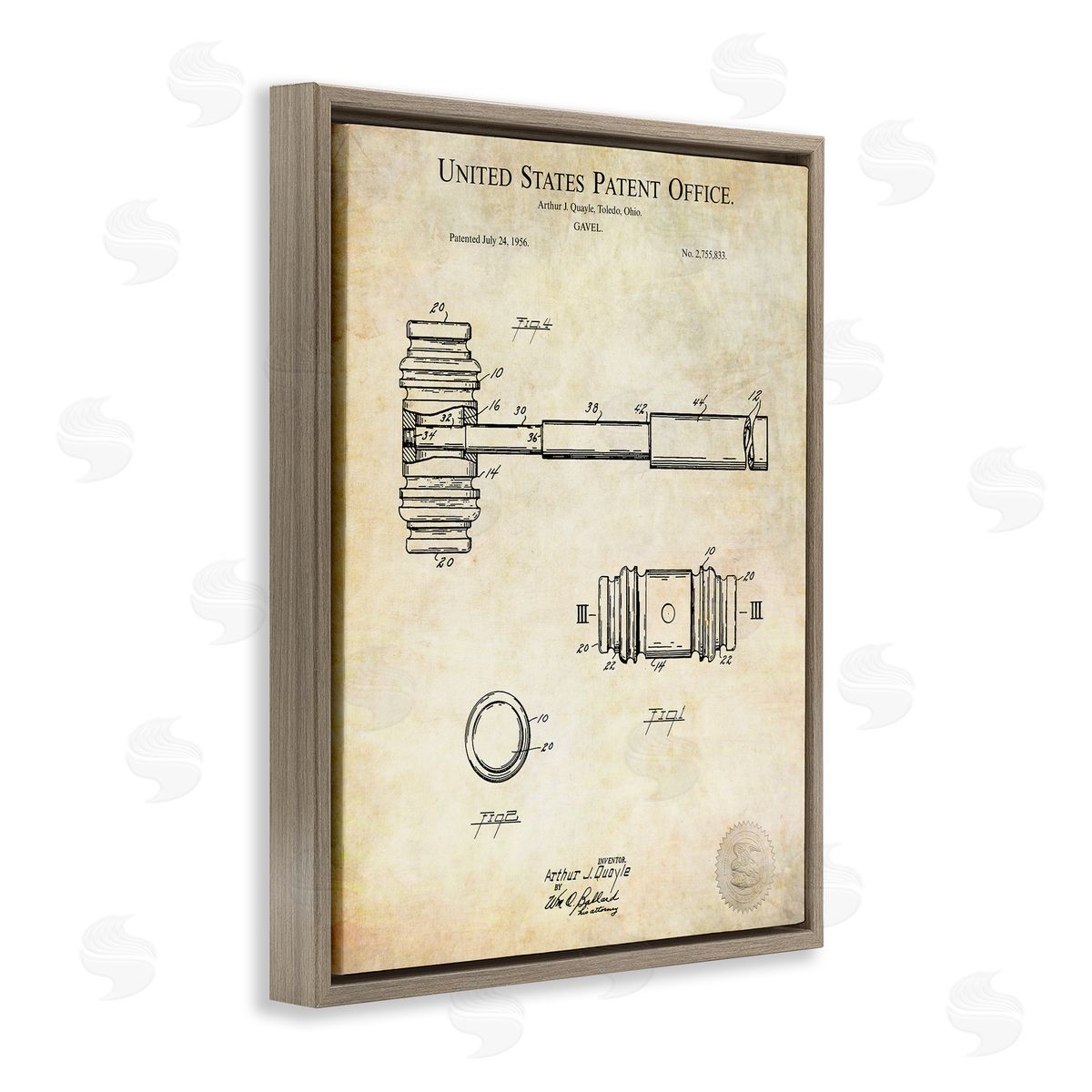 Karl Hronek Vintage Gavel Invention Diagram Patent Text Blueprint  Brown Floating Frame Canvas Wall Art Print