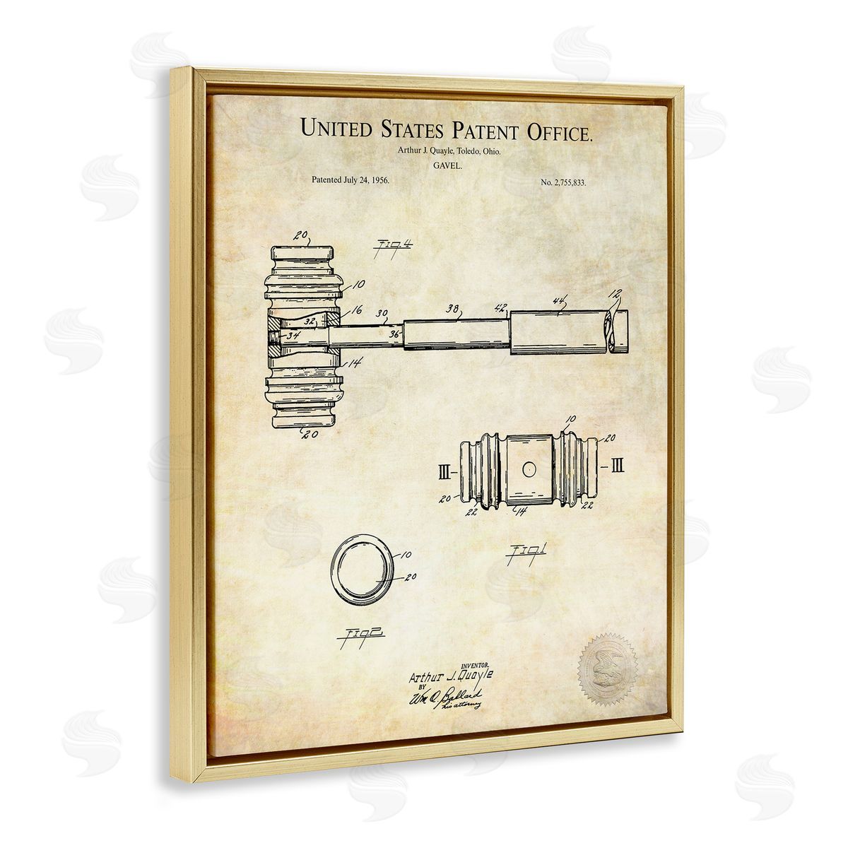 Karl Hronek Vintage Gavel Invention Diagram Patent Text Blueprint  Gold Floating Frame Canvas Wall Art Print