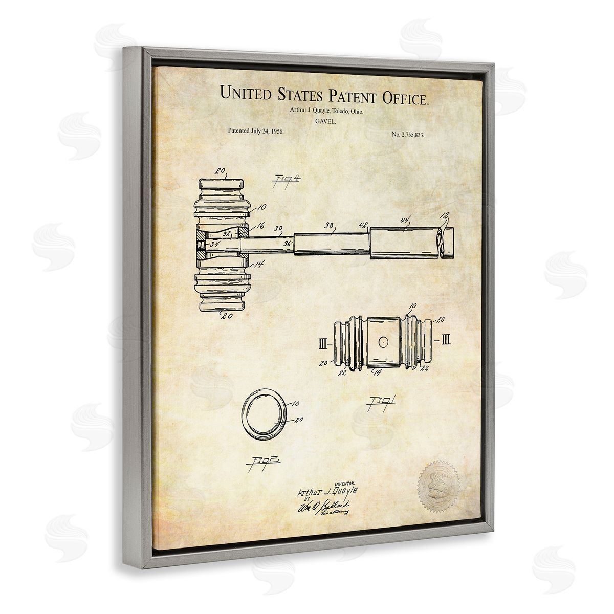 Karl Hronek Vintage Gavel Invention Diagram Patent Text Blueprint  Gray Floating Frame Canvas Wall Art Print