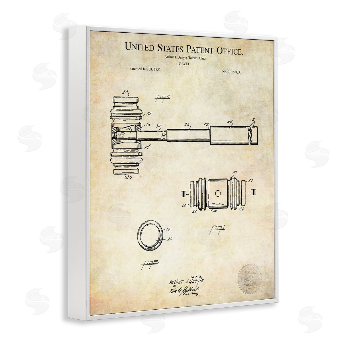 Karl Hronek Vintage Gavel Invention Diagram Patent Text Blueprint  White Framed Giclee Wall Art Print