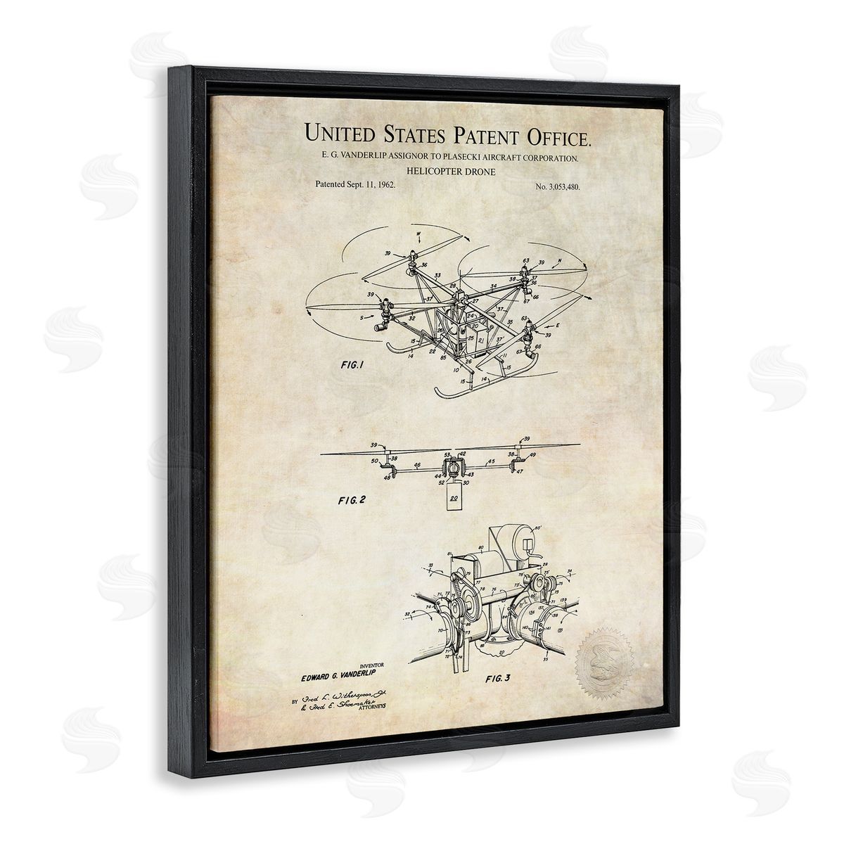 Karl Hronek Helicopter Aircraft Engine Blueprint Diagram Patent Text  Black Floating Frame Canvas Wall Art Print