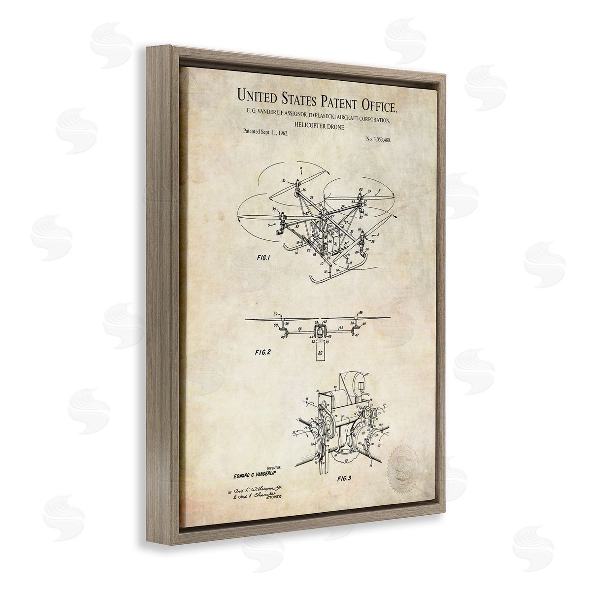 Karl Hronek Helicopter Aircraft Engine Blueprint Diagram Patent Text  Brown Floating Frame Canvas Wall Art Print