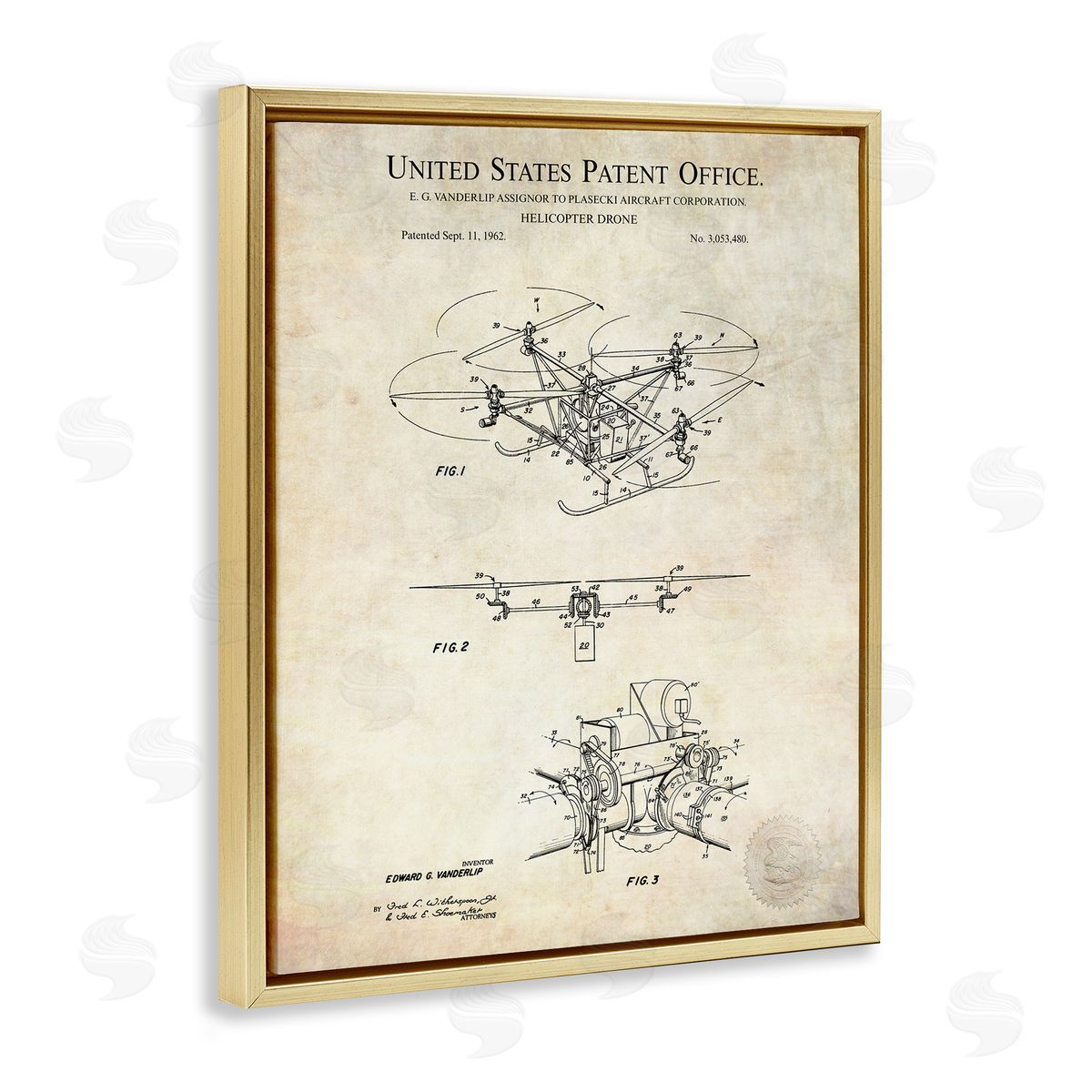 Karl Hronek Helicopter Aircraft Engine Blueprint Diagram Patent Text  Gold Floating Frame Canvas Wall Art Print