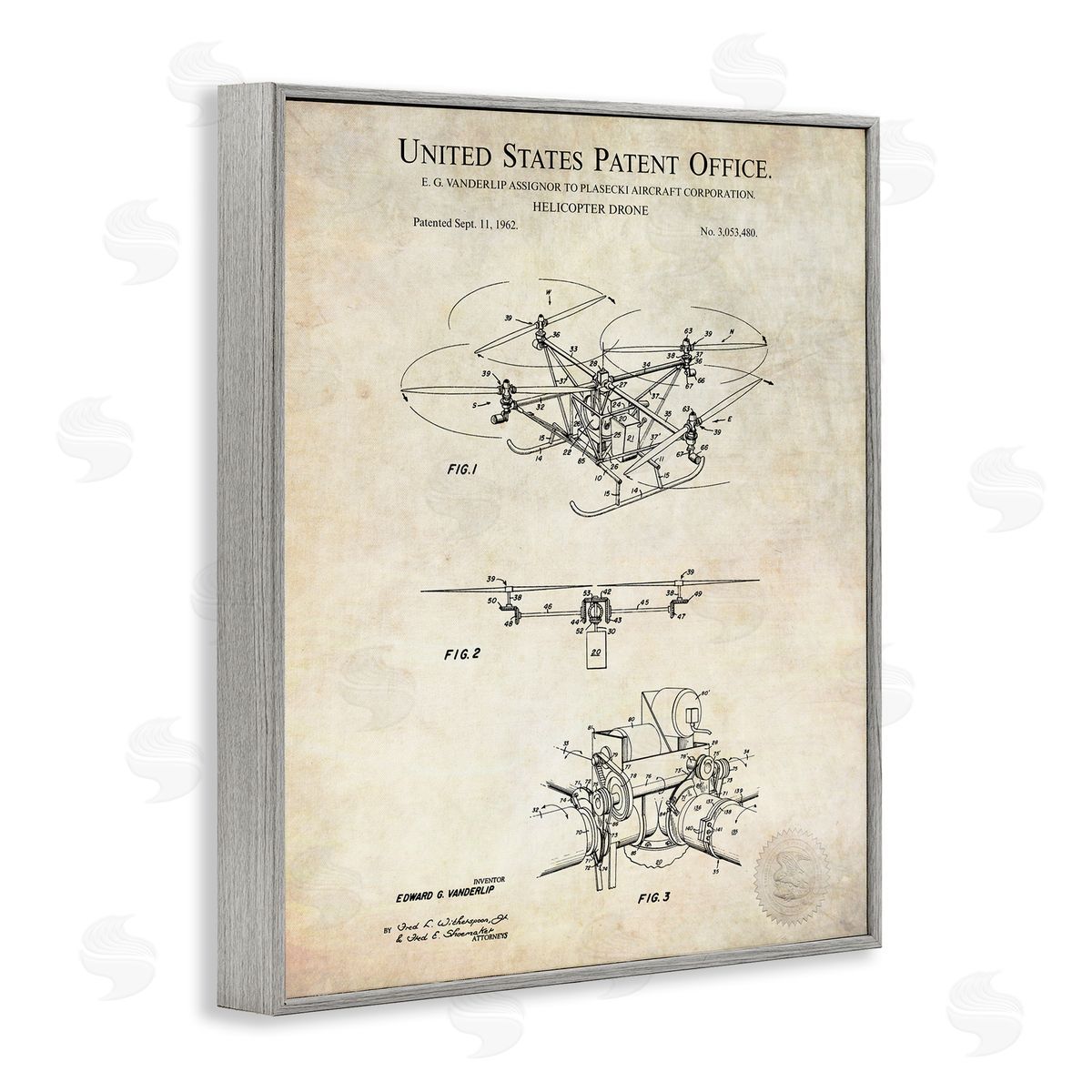 Karl Hronek Helicopter Aircraft Engine Blueprint Diagram Patent Text  Gray Framed Giclee Wall Art Print
