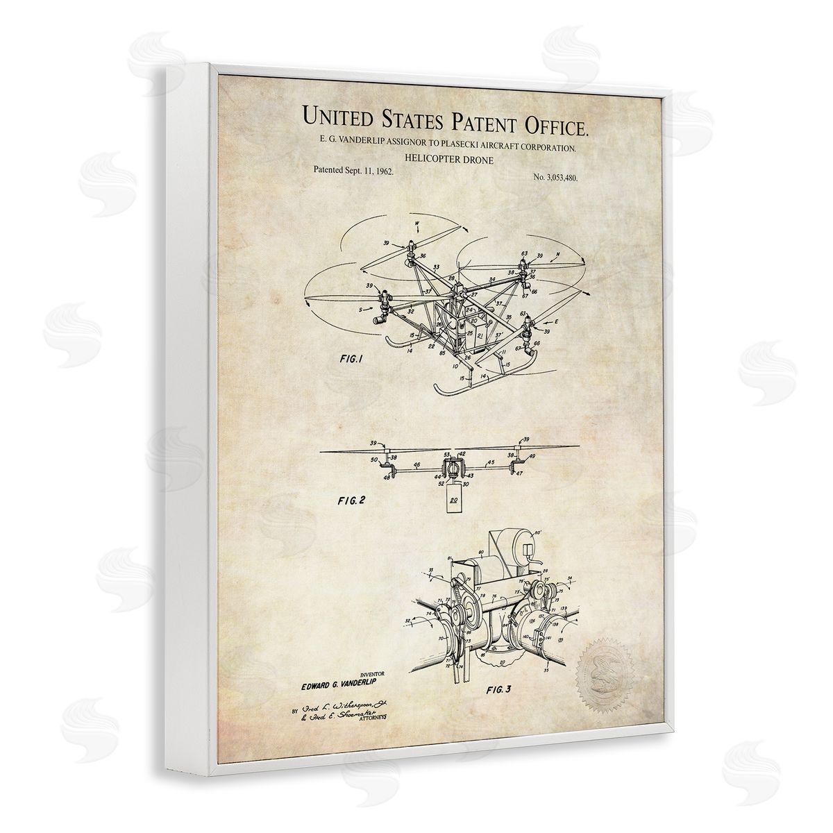 Karl Hronek Helicopter Aircraft Engine Blueprint Diagram Patent Text  White Framed Giclee Wall Art Print