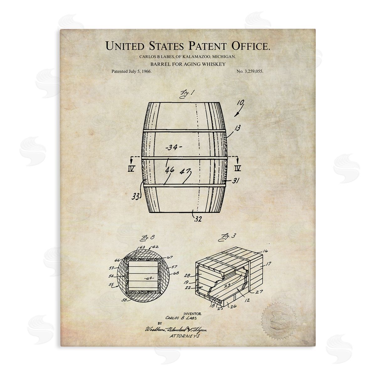 Karl Hronek Whiskey Aging Barrel Liquor Diagram Patent Stretched Canvas Wall Art Print
