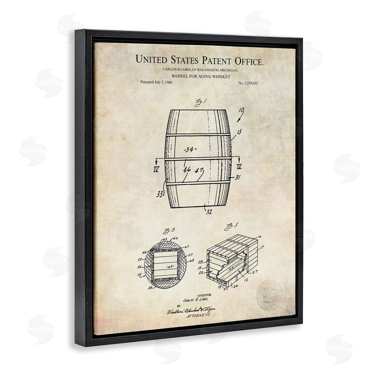 Karl Hronek Whiskey Aging Barrel Liquor Diagram Patent Black Floating Frame Canvas Wall Art Print