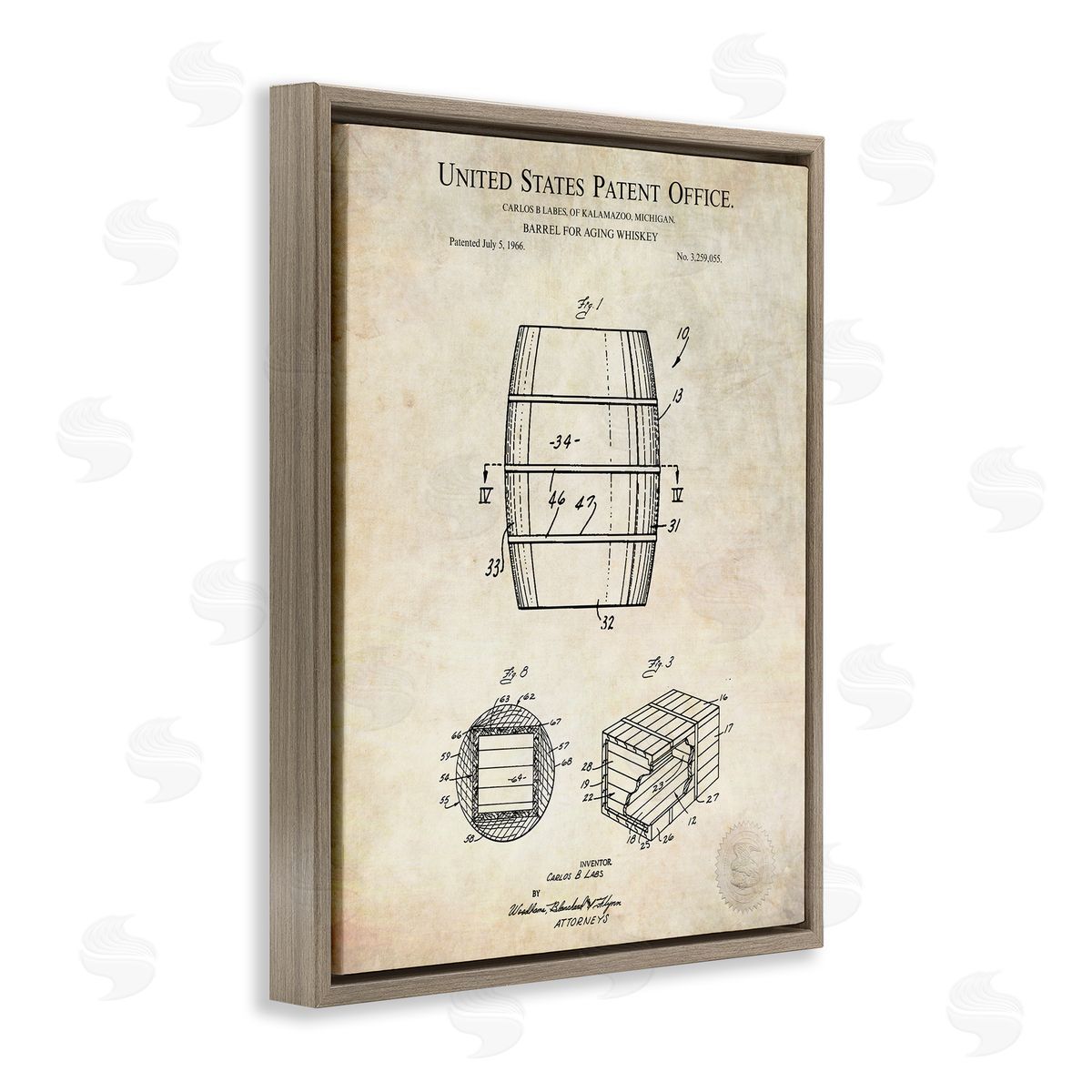 Karl Hronek Whiskey Aging Barrel Liquor Diagram Patent Brown Floating Frame Canvas Wall Art Print