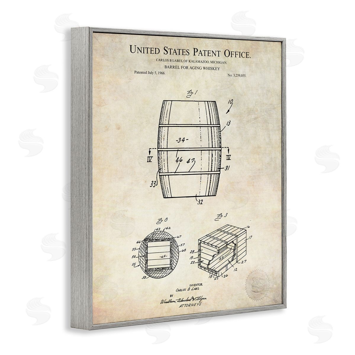 Karl Hronek Whiskey Aging Barrel Liquor Diagram Patent Gray Framed Giclee Wall Art Print