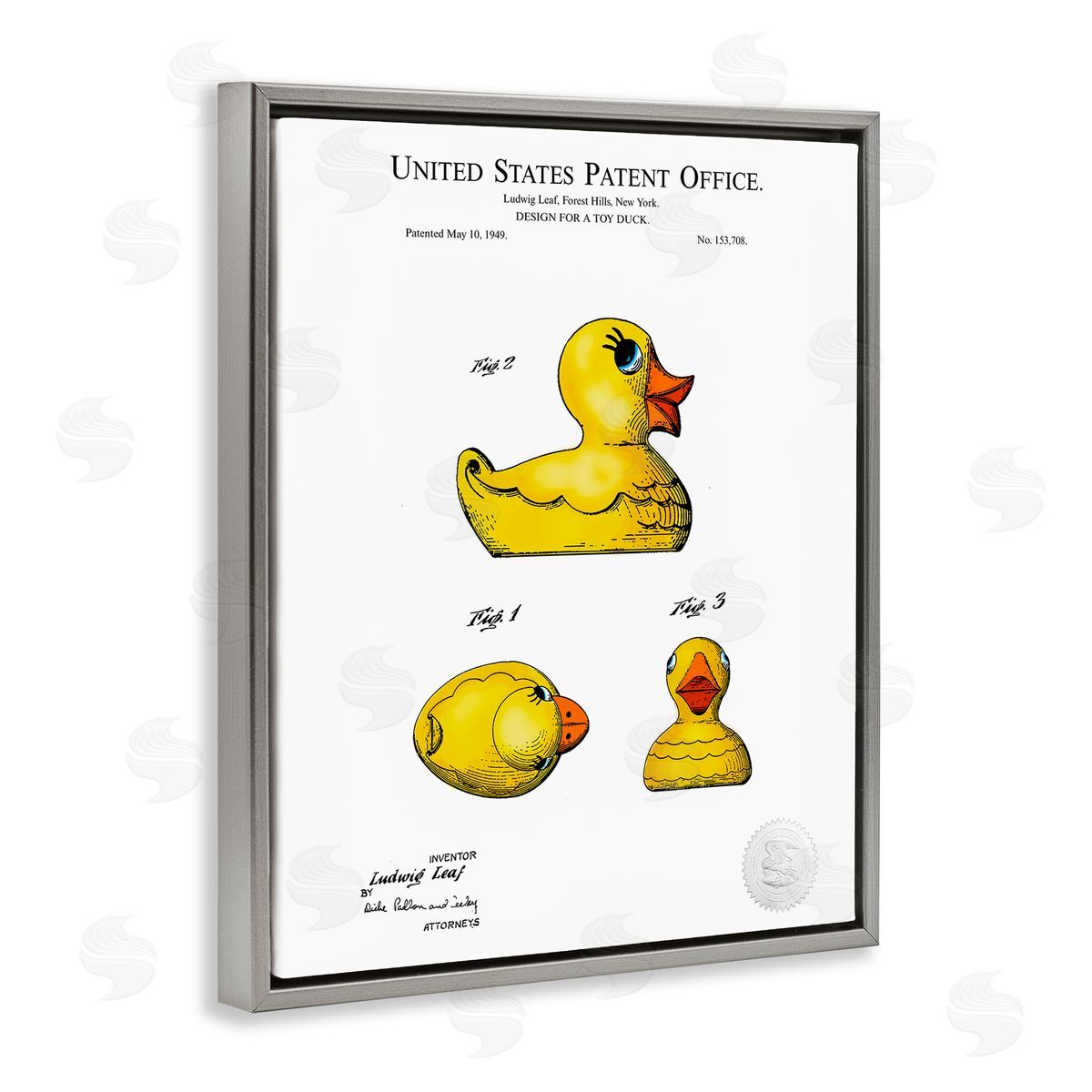 Karl Hronek Toy Rubber Duck Yellow Patent Diagram  Gray Floating Frame Canvas Wall Art Print