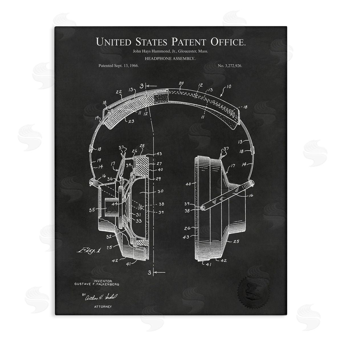 Karl Hronek Detailed Music Headphones Diagram Blueprint Patent Stretched Canvas Wall Art Print