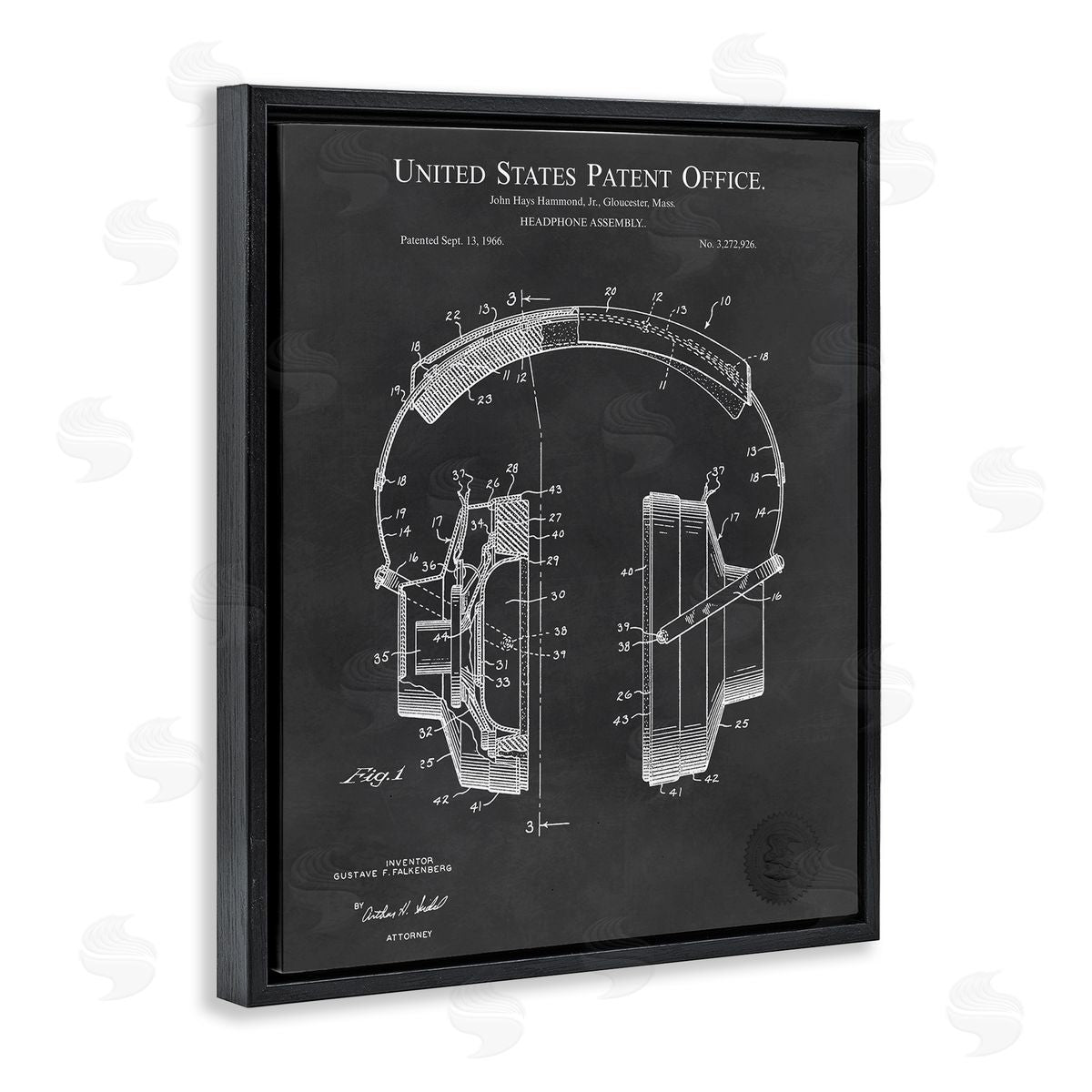 Karl Hronek Detailed Music Headphones Diagram Blueprint Patent Black Floating Frame Canvas Wall Art Print