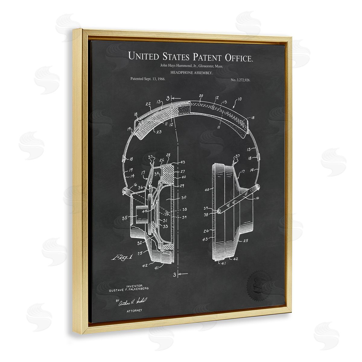 Karl Hronek Detailed Music Headphones Diagram Blueprint Patent Gold Floating Frame Canvas Wall Art Print