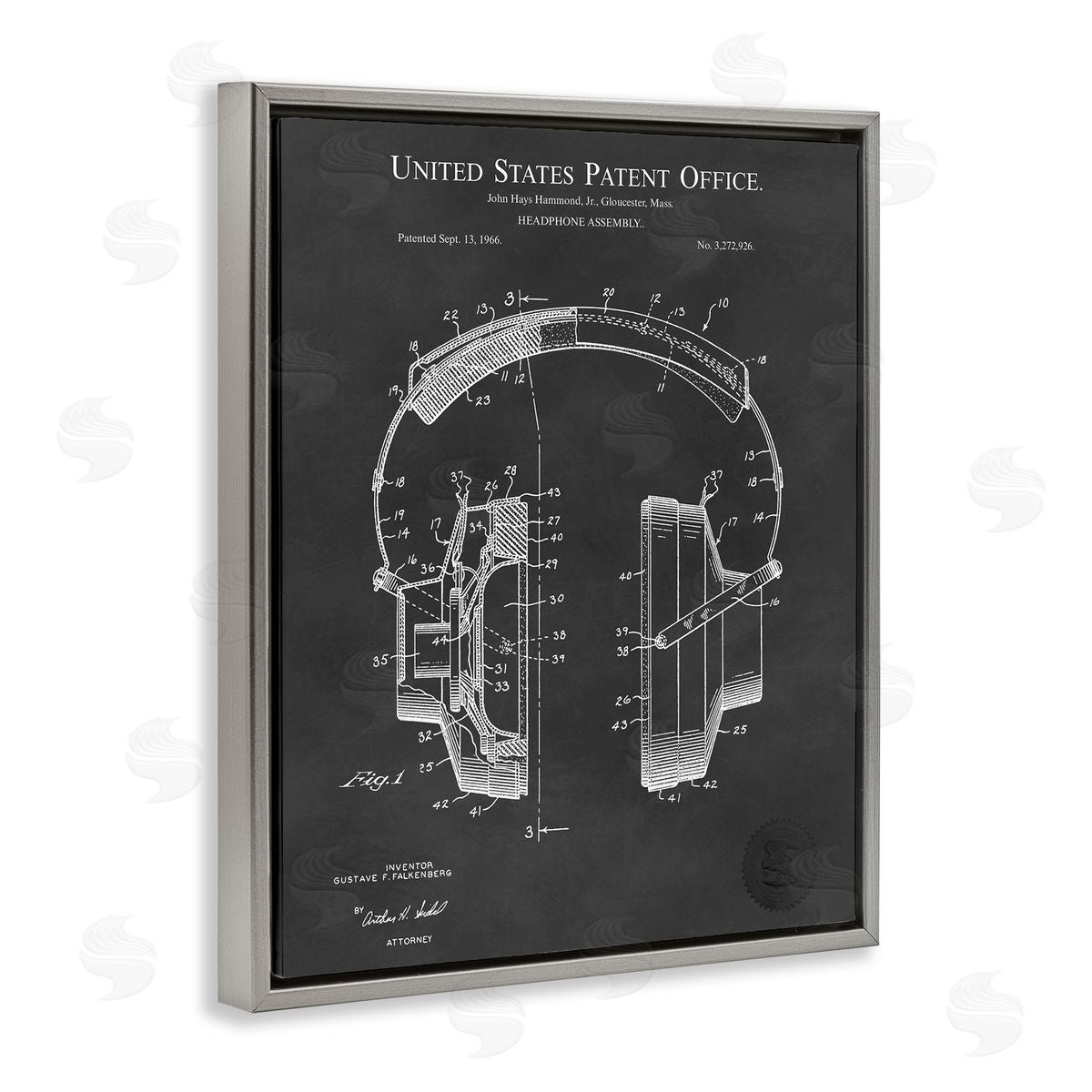 Karl Hronek Detailed Music Headphones Diagram Blueprint Patent Gray Floating Frame Canvas Wall Art Print