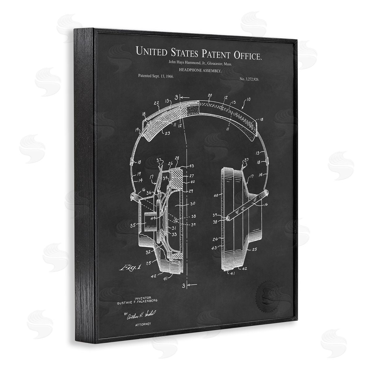 Karl Hronek Detailed Music Headphones Diagram Blueprint Patent Black Framed Giclee Wall Art Print