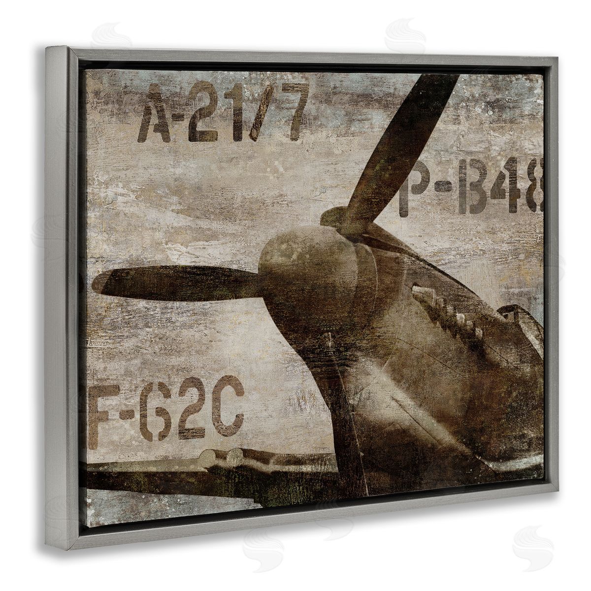 Dylan Matthews Vintage Airplane Propeller Aircraft Sepia Monochrome  Gray Floating Frame Canvas Wall Art Print