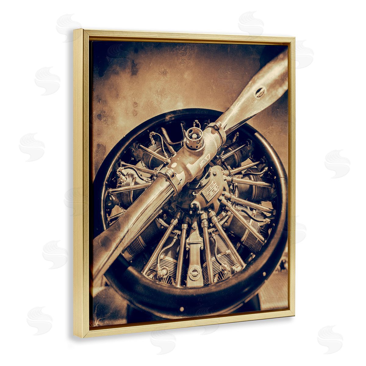 John Slemp Propeller Machinery Detailed Aircraft Sepia Photography  Gold Floating Frame Canvas Wall Art Print