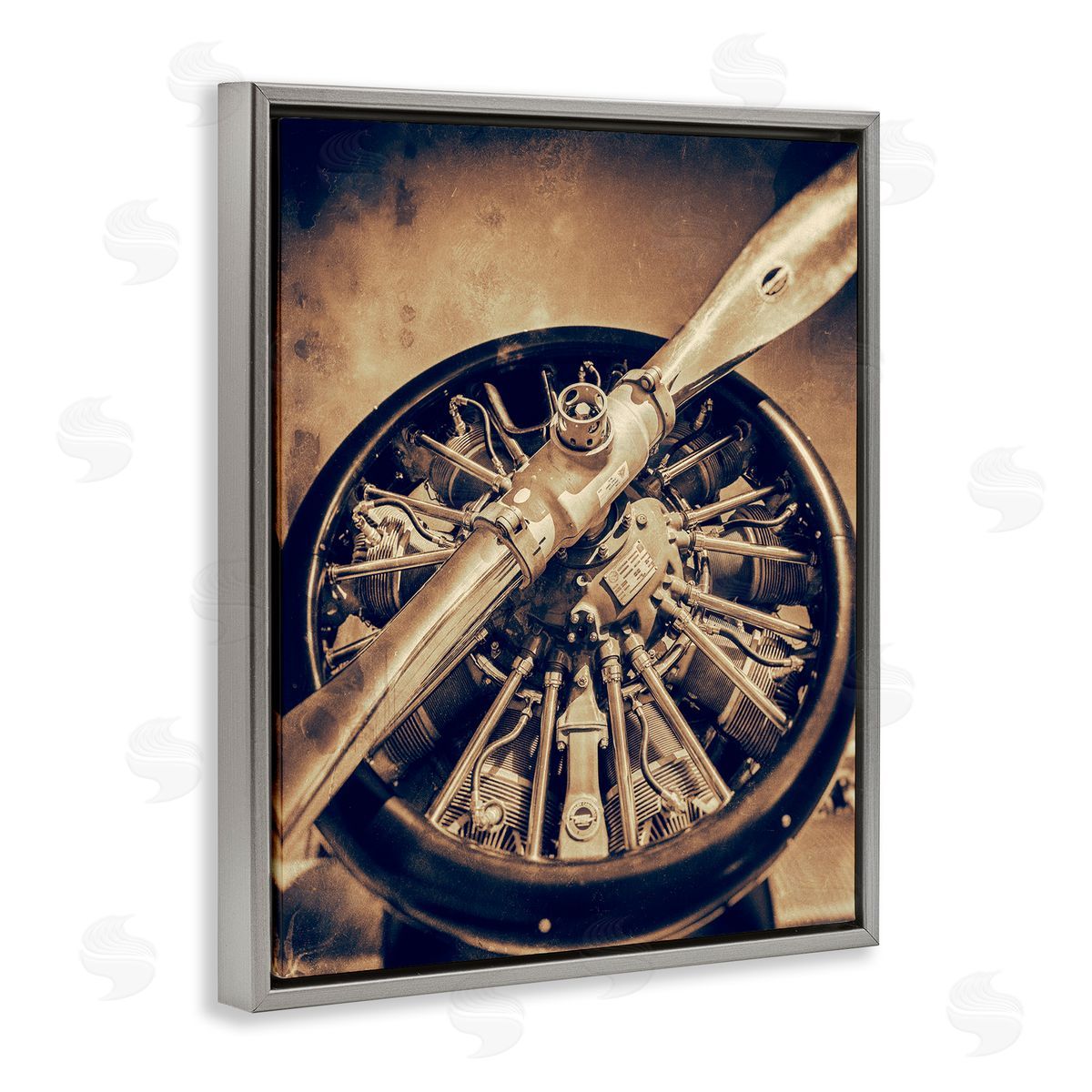 John Slemp Propeller Machinery Detailed Aircraft Sepia Photography  Gray Floating Frame Canvas Wall Art Print