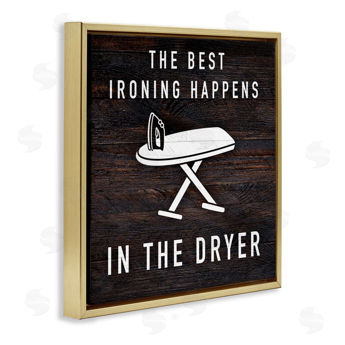 Marcus Prime Ironing Dryer Laundry Quote Text Grain Pattern  Gold Floating Frame Canvas Wall Art Print
