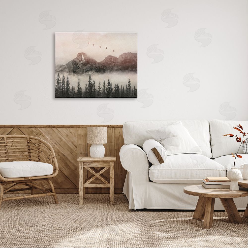 Daniel Sproul Foggy Weather Mountain Landscape Birds Pine Trees  Canvas Wall Art Print in Room