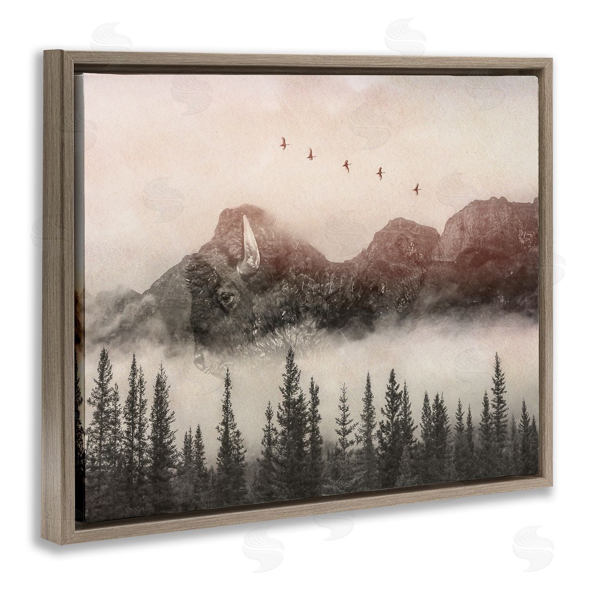 Daniel Sproul Foggy Weather Mountain Landscape Birds Pine Trees  Brown Floating Frame Canvas Wall Art Print
