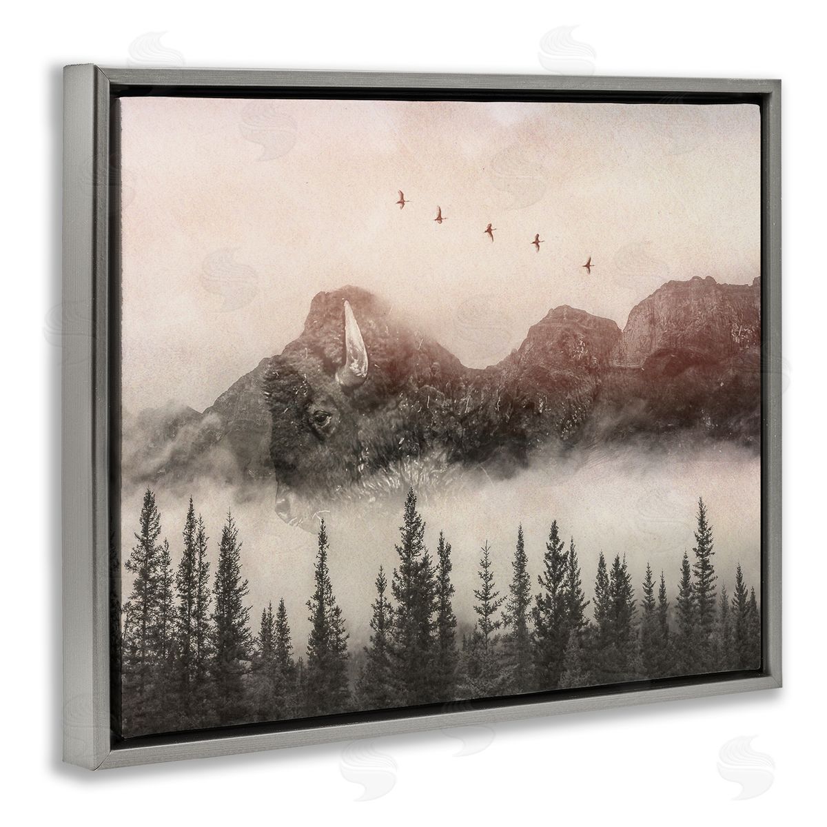 Daniel Sproul Foggy Weather Mountain Landscape Birds Pine Trees  Gray Floating Frame Canvas Wall Art Print