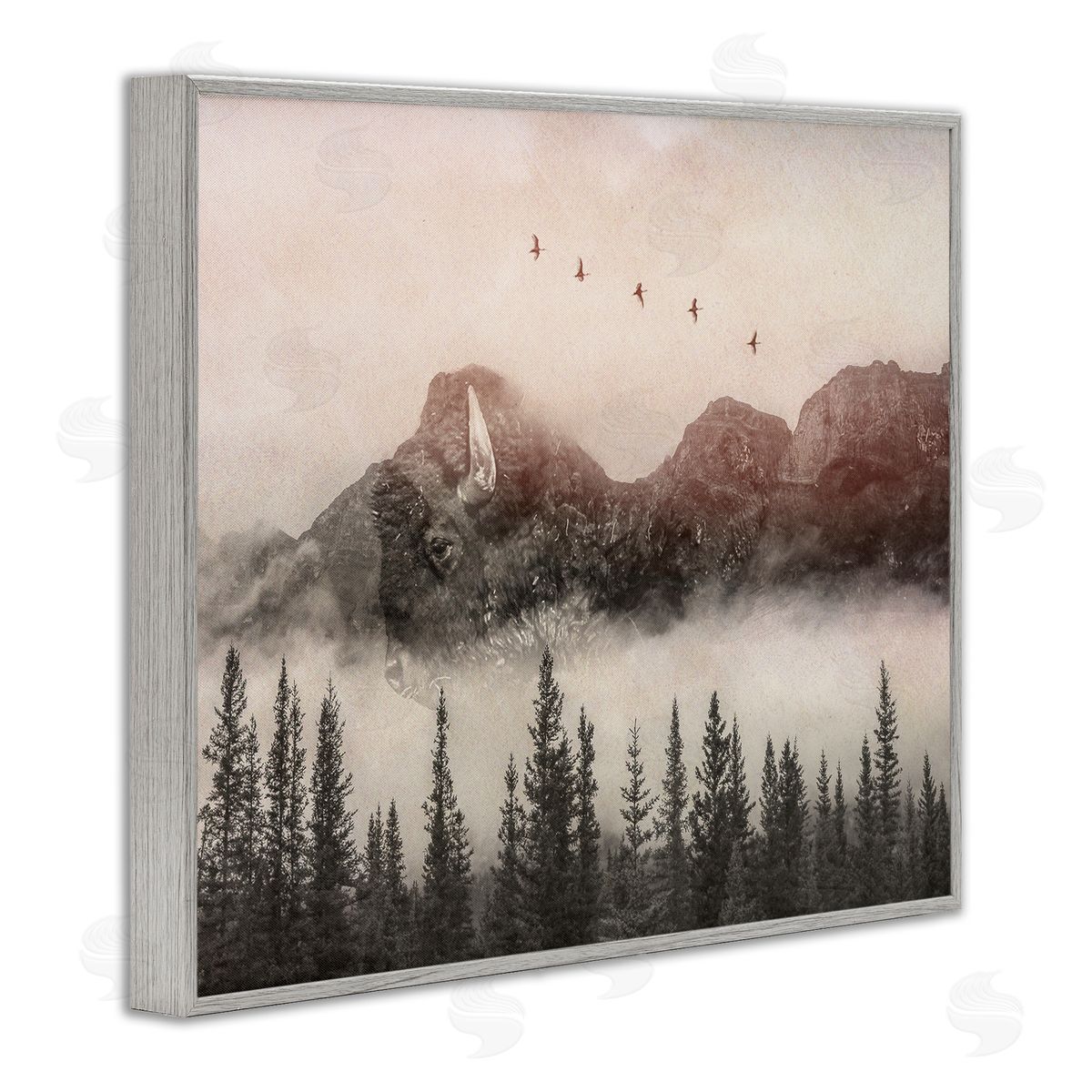 Daniel Sproul Foggy Weather Mountain Landscape Birds Pine Trees  Gray Framed Giclee Wall Art Print