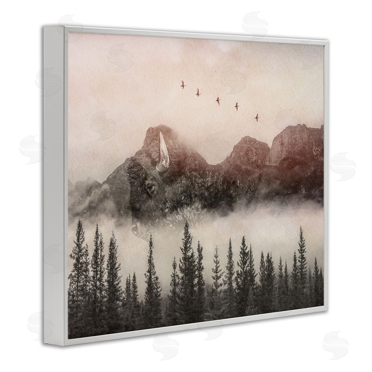 Daniel Sproul Foggy Weather Mountain Landscape Birds Pine Trees  White Framed Giclee Wall Art Print