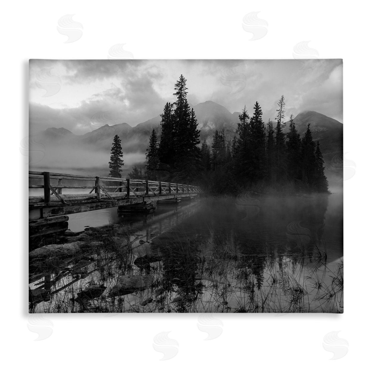 Daniel Sproul Black & White Cloudy Scenery Lake Bridge Foggy Mountains  Stretched Canvas Wall Art Print
