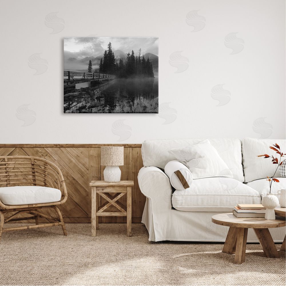 Daniel Sproul Black & White Cloudy Scenery Lake Bridge Foggy Mountains  Canvas Wall Art Print in Room