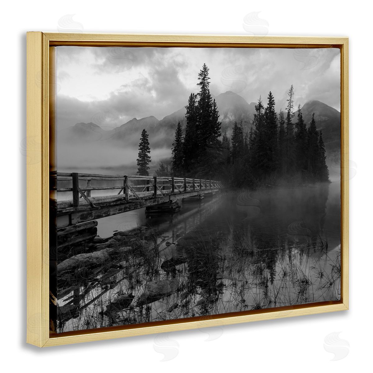 Daniel Sproul Black & White Cloudy Scenery Lake Bridge Foggy Mountains  Gold Floating Frame Canvas Wall Art Print