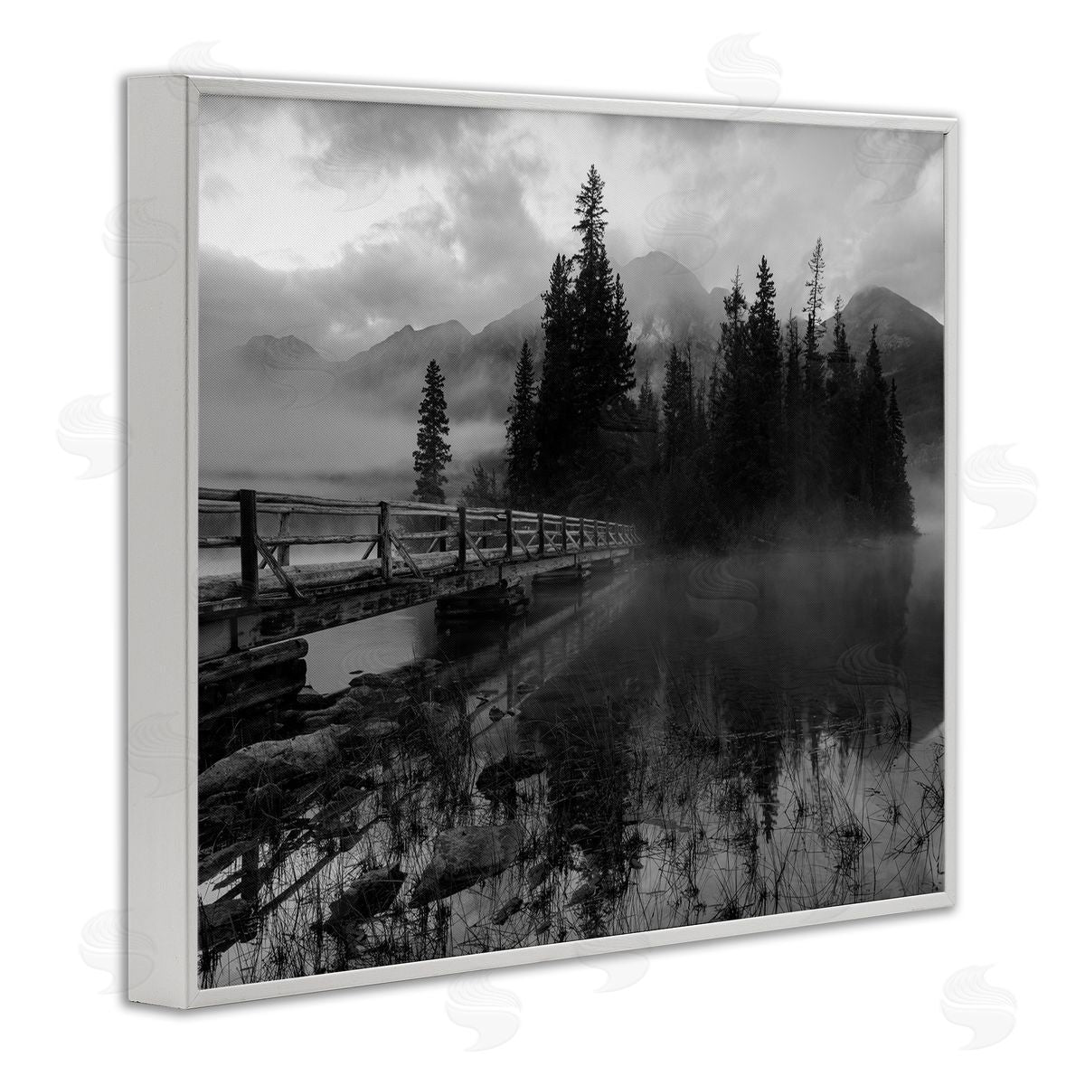 Daniel Sproul Black & White Cloudy Scenery Lake Bridge Foggy Mountains  White Framed Giclee Wall Art Print