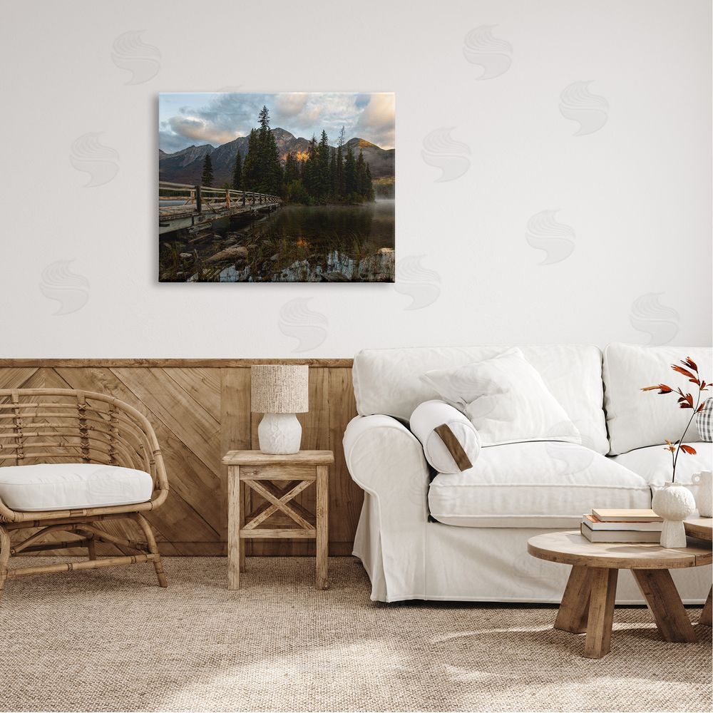 Daniel Sproul Mountainside Lake Bridge Cloudy Photography Landscape Canvas Wall Art Print in Room