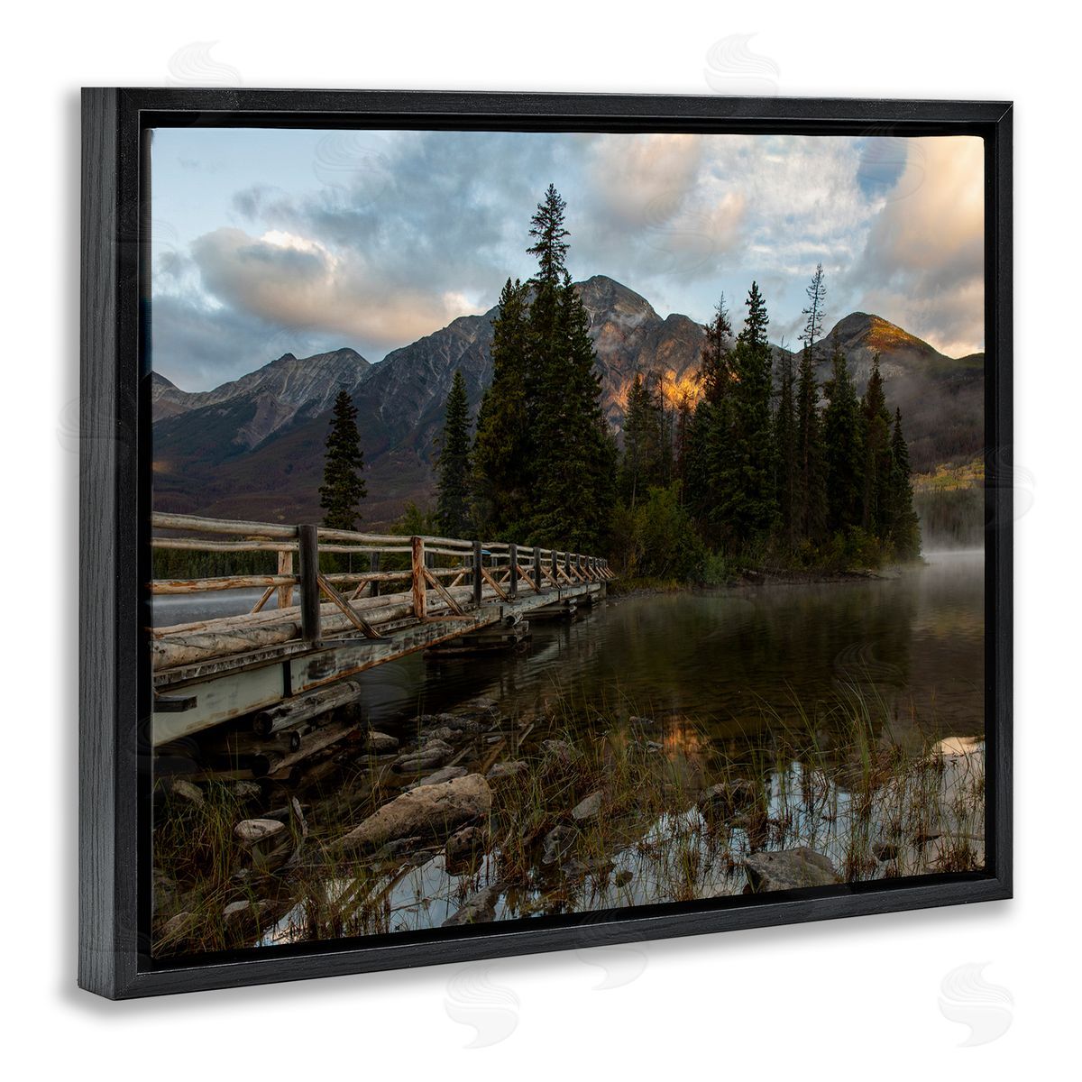 Daniel Sproul Mountainside Lake Bridge Cloudy Photography Landscape Black Floating Frame Canvas Wall Art Print