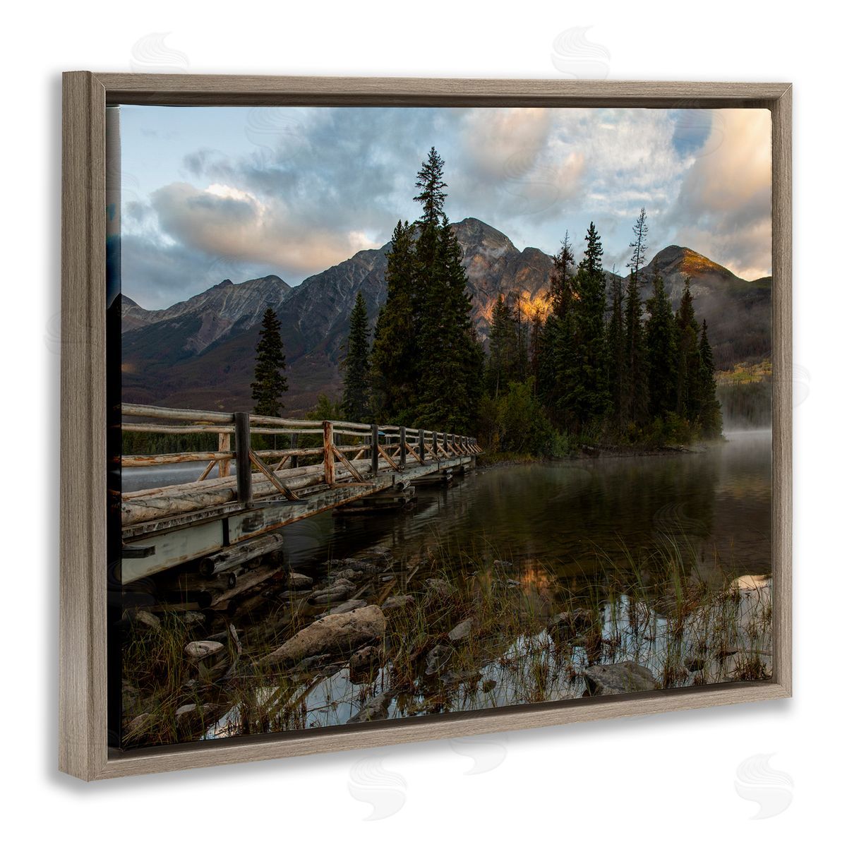 Daniel Sproul Mountainside Lake Bridge Cloudy Photography Landscape Brown Floating Frame Canvas Wall Art Print