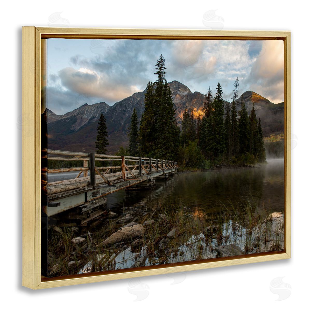 Daniel Sproul Mountainside Lake Bridge Cloudy Photography Landscape Gold Floating Frame Canvas Wall Art Print