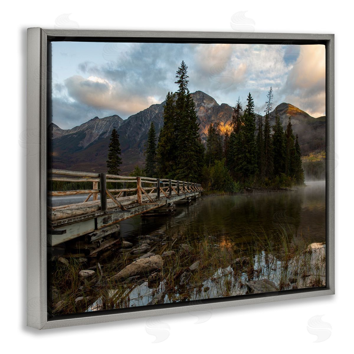 Daniel Sproul Mountainside Lake Bridge Cloudy Photography Landscape Gray Floating Frame Canvas Wall Art Print