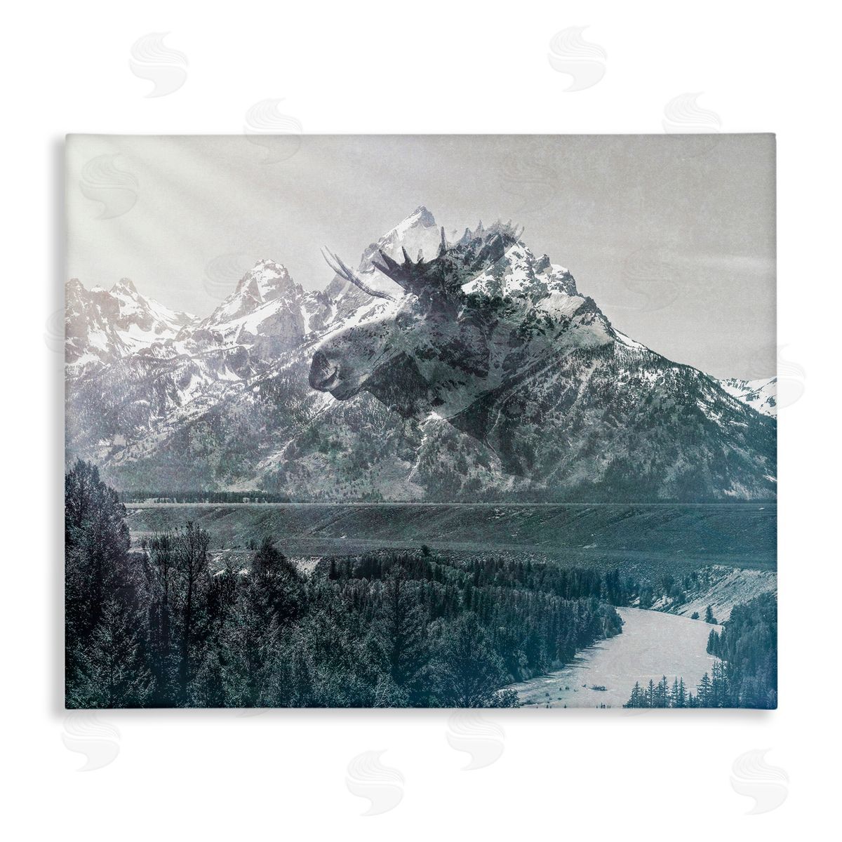 Daniel Sproul Quaint Sunny Mountain River Scenery Moose Antlers  Stretched Canvas Wall Art Print