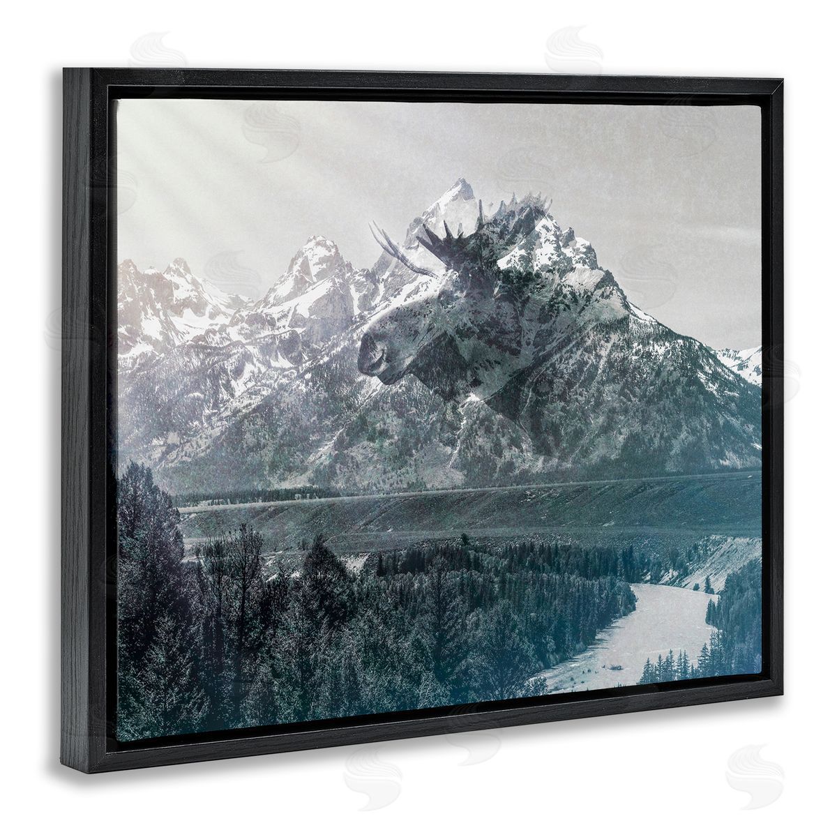 Daniel Sproul Quaint Sunny Mountain River Scenery Moose Antlers  Black Floating Frame Canvas Wall Art Print