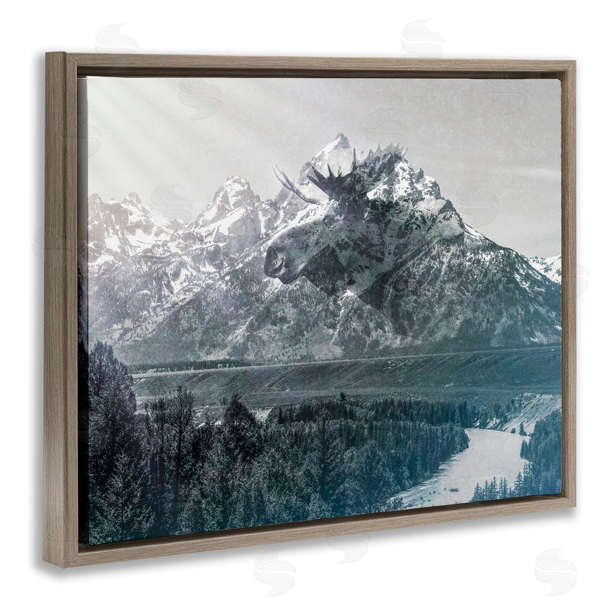 Daniel Sproul Quaint Sunny Mountain River Scenery Moose Antlers  Brown Floating Frame Canvas Wall Art Print