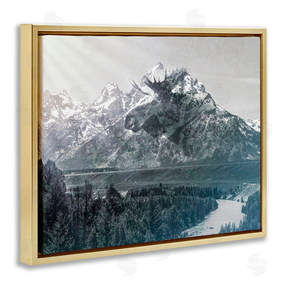 Daniel Sproul Quaint Sunny Mountain River Scenery Moose Antlers  Gold Floating Frame Canvas Wall Art Print