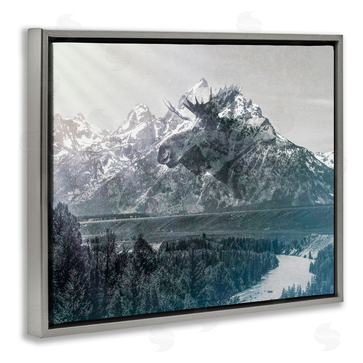 Daniel Sproul Quaint Sunny Mountain River Scenery Moose Antlers  Gray Floating Frame Canvas Wall Art Print