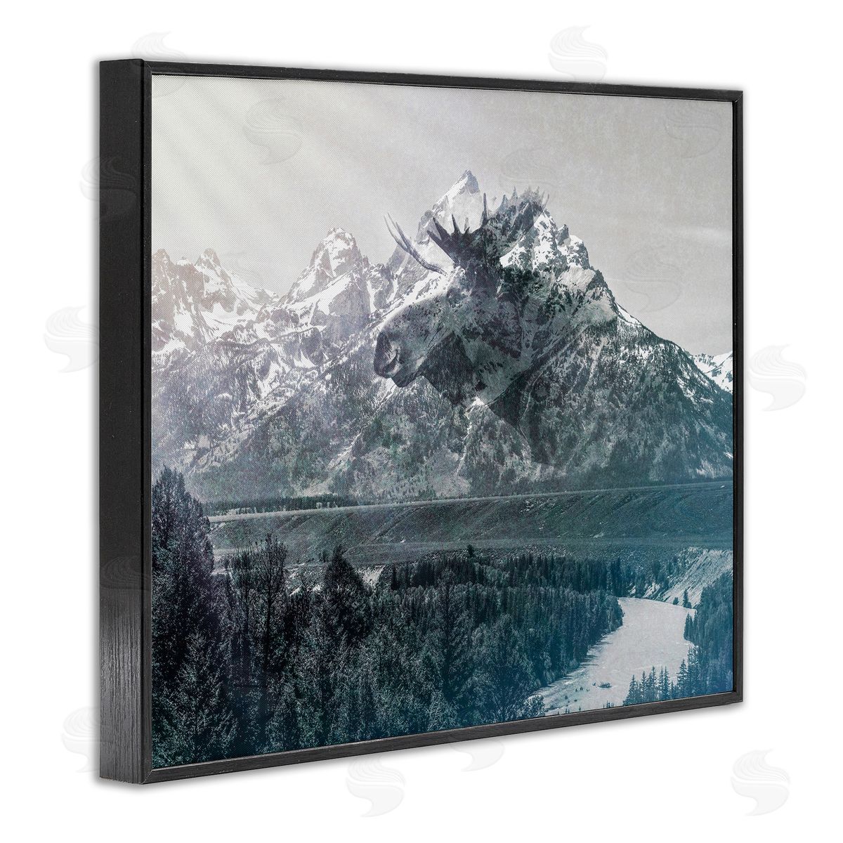 Daniel Sproul Quaint Sunny Mountain River Scenery Moose Antlers  Black Framed Giclee Wall Art Print