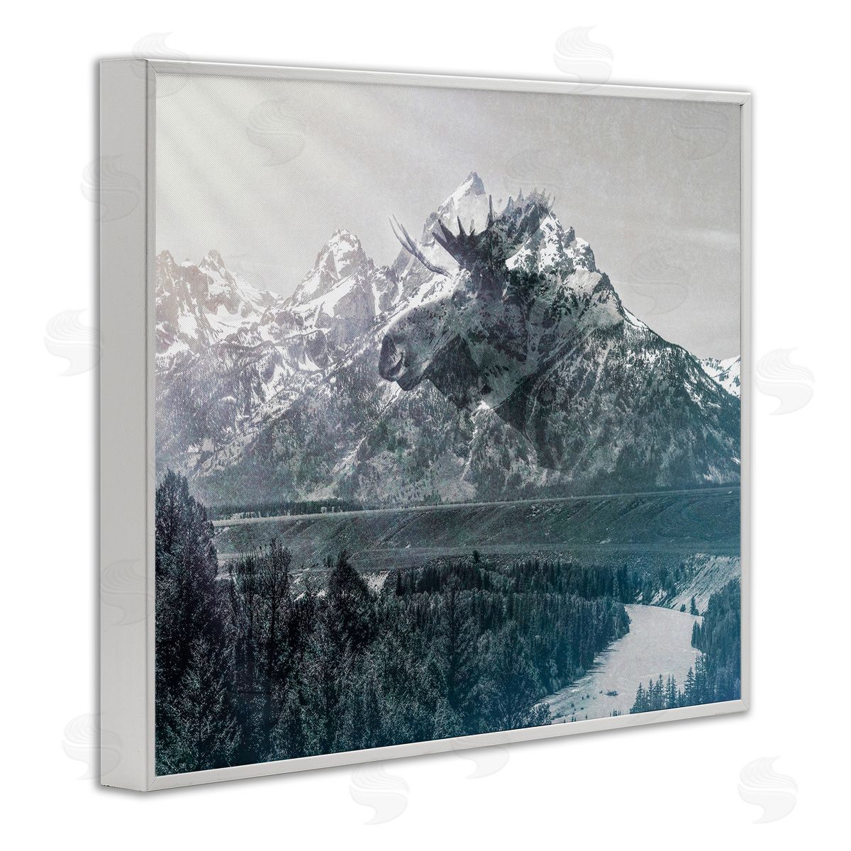Daniel Sproul Quaint Sunny Mountain River Scenery Moose Antlers  White Framed Giclee Wall Art Print