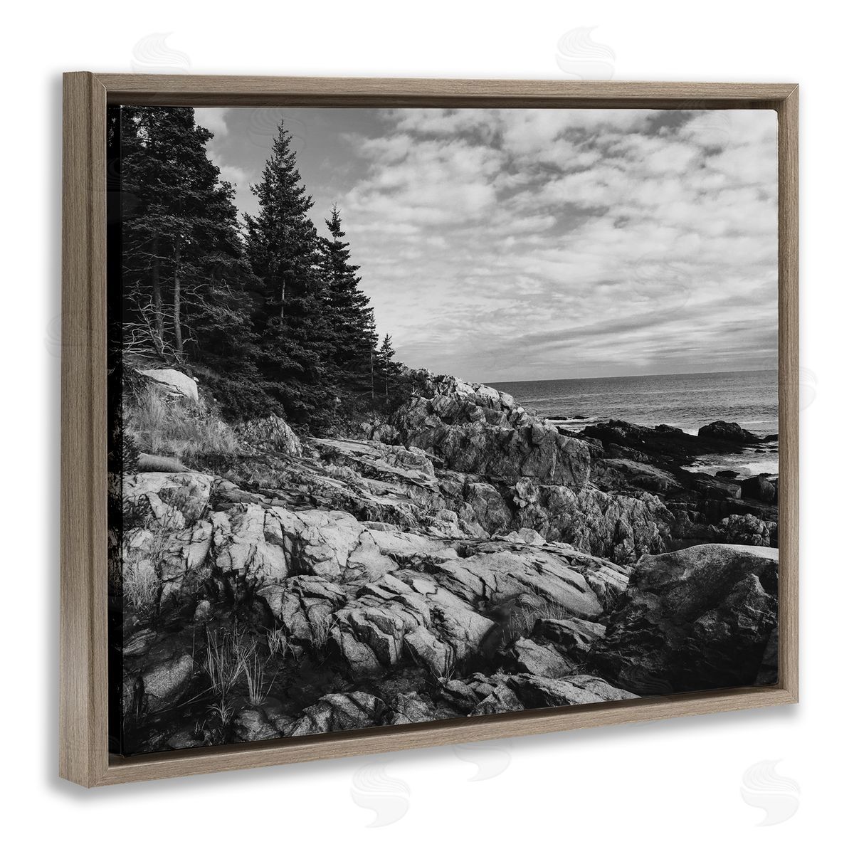 Daniel Sproul Rocky Ocean Water Cloudy Coast Monochrome Nature  Brown Floating Frame Canvas Wall Art Print