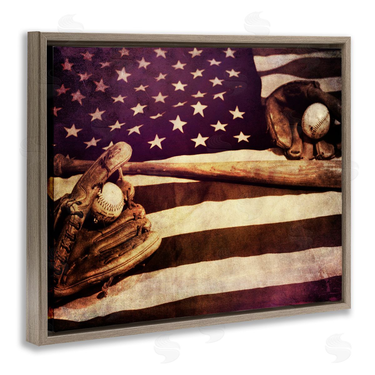 Daniel Sproul American Flag Stripes Stars Baseball Mitt Sports Brown Floating Frame Canvas Wall Art Print