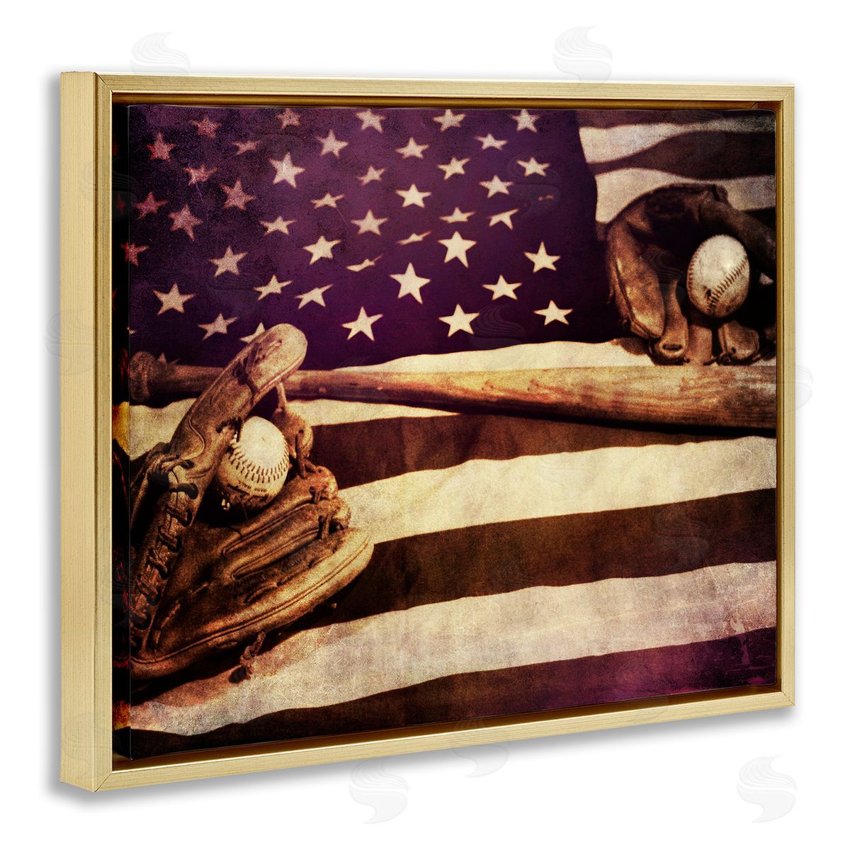 Daniel Sproul American Flag Stripes Stars Baseball Mitt Sports Gold Floating Frame Canvas Wall Art Print