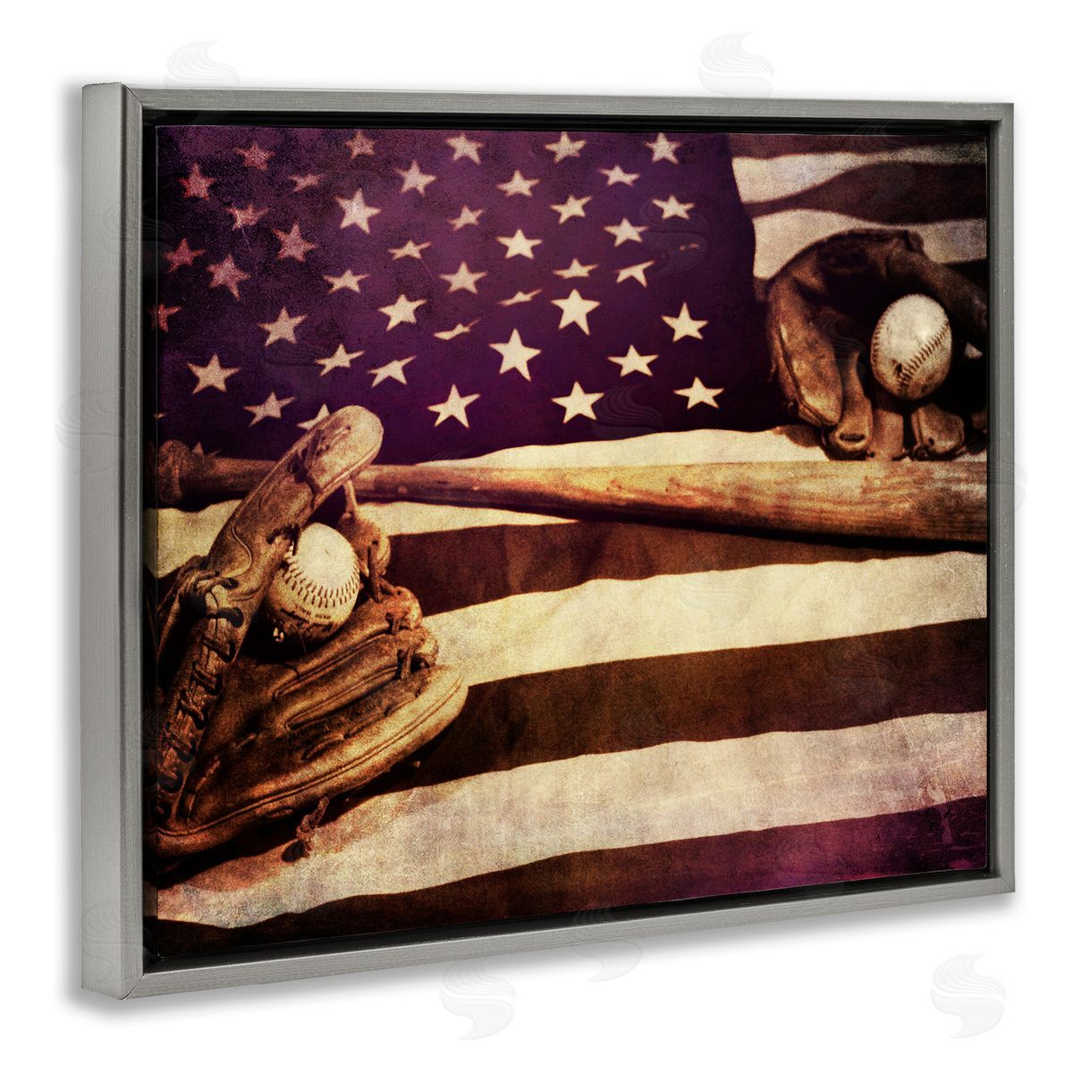 Daniel Sproul American Flag Stripes Stars Baseball Mitt Sports Gray Floating Frame Canvas Wall Art Print